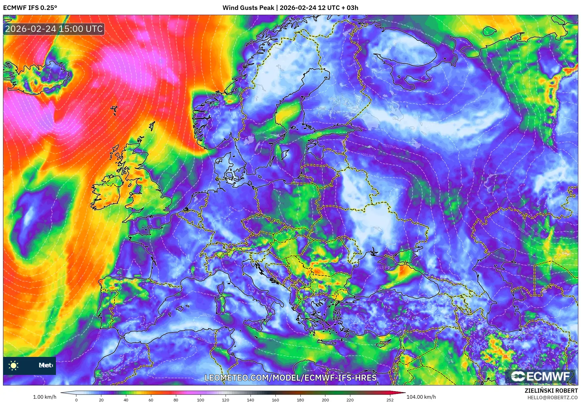ECMWF IFS 0.25° model - Europe, Wind Gusts Peak