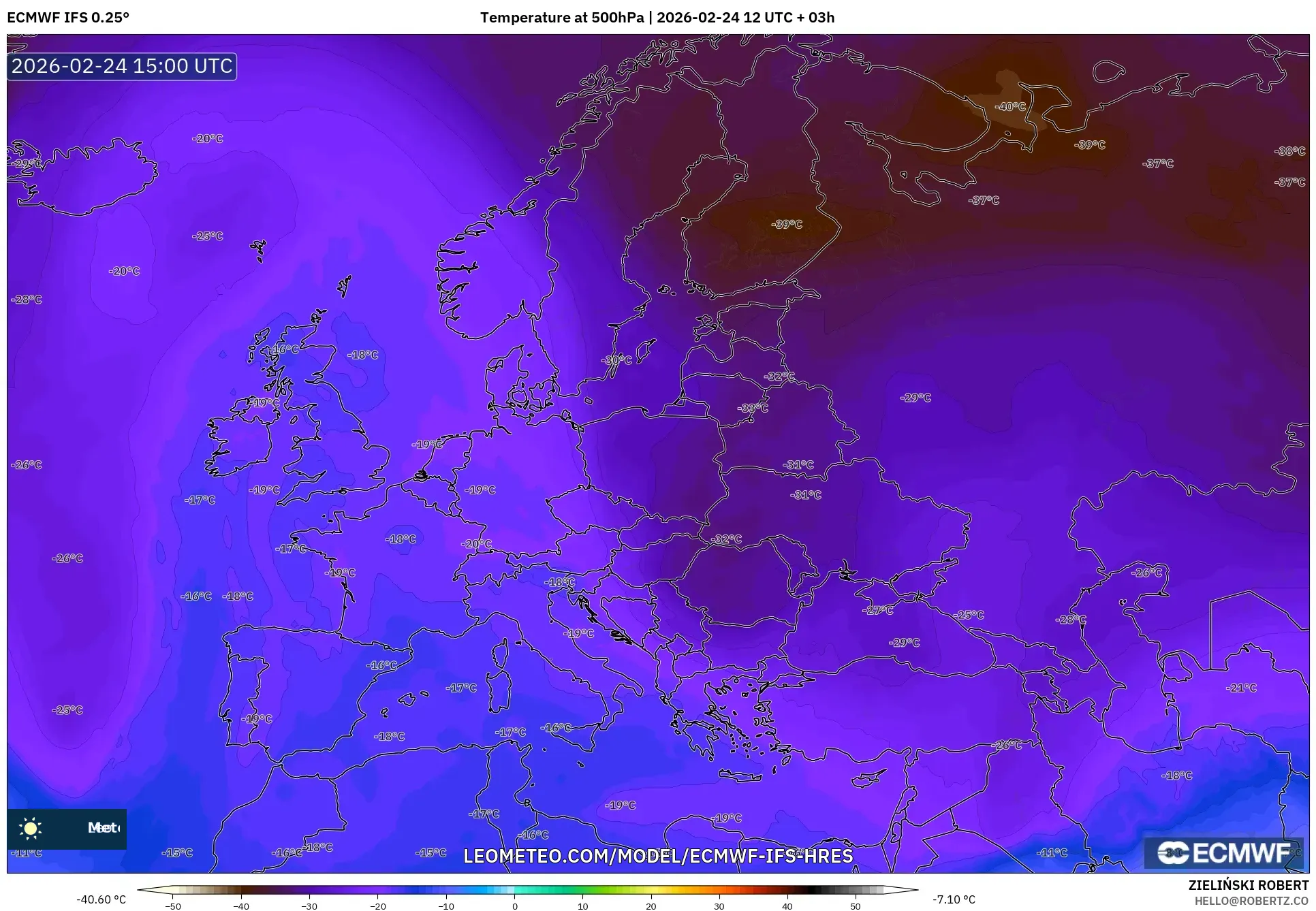 ECMWF IFS 0.25° model - Europe, Temperature at 500hPa