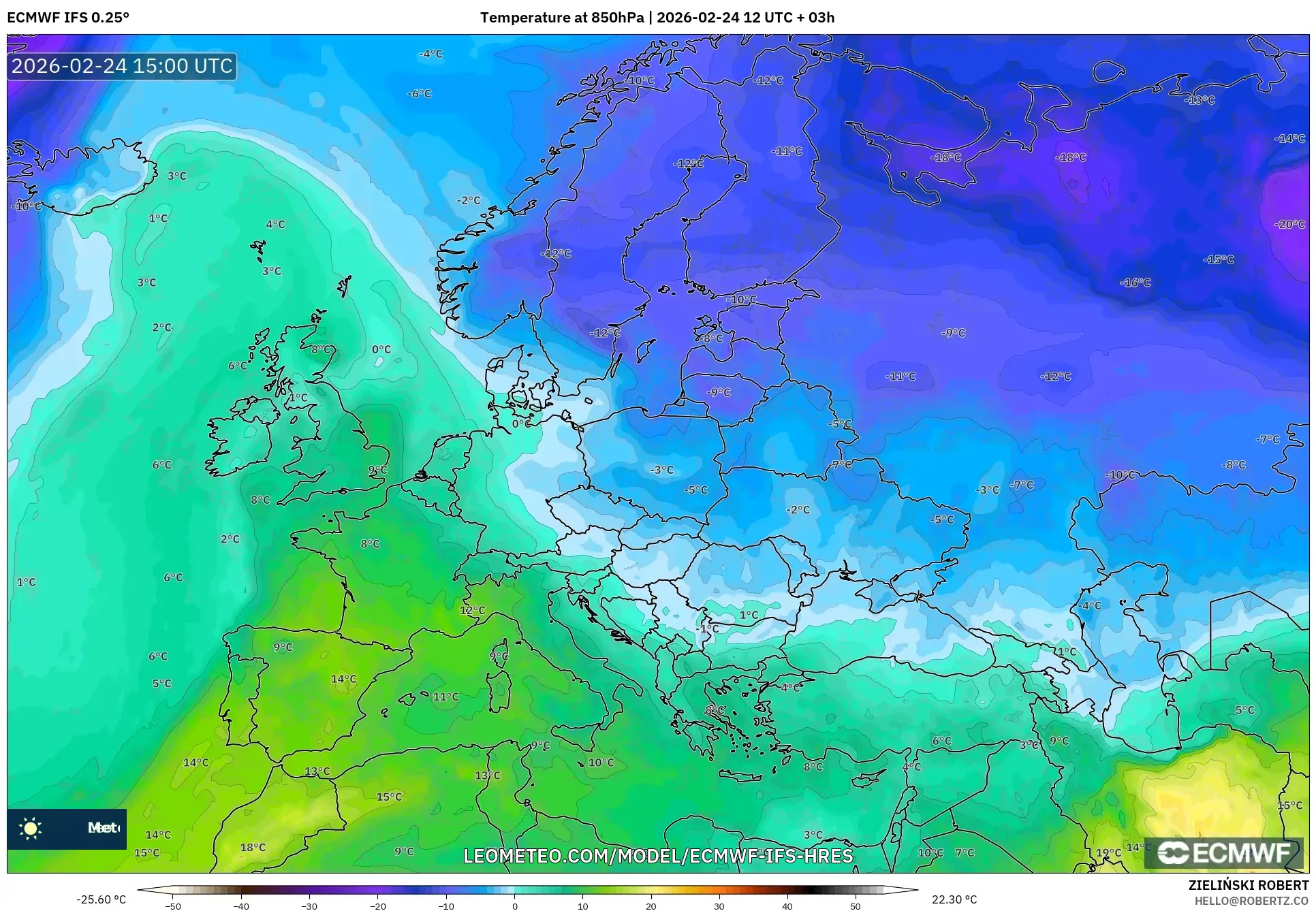 ECMWF IFS 0.25° model - Europe, Temperature at 850hPa