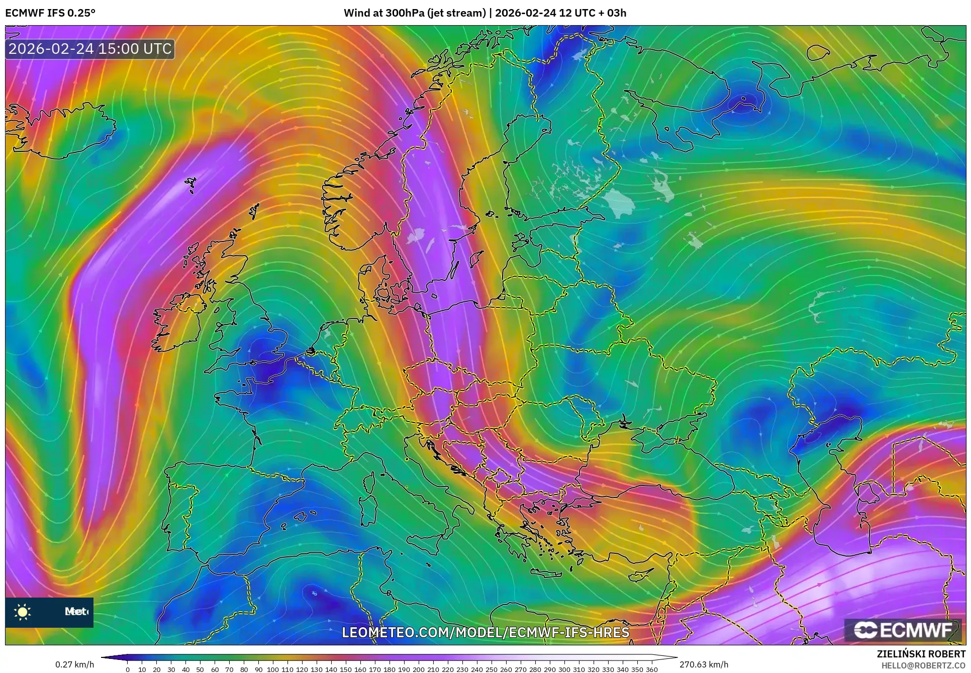ECMWF IFS 0.25° model - Europe, Wind at 300hPa (jet stream)