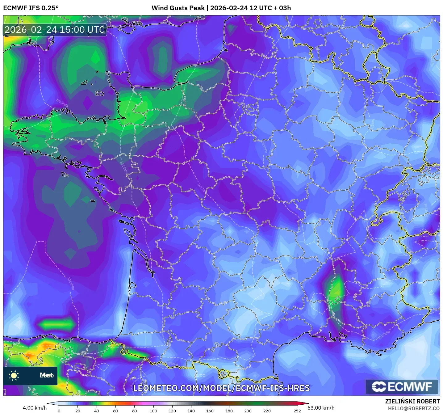 ECMWF IFS 0.25° model - France, Wind Gusts Peak