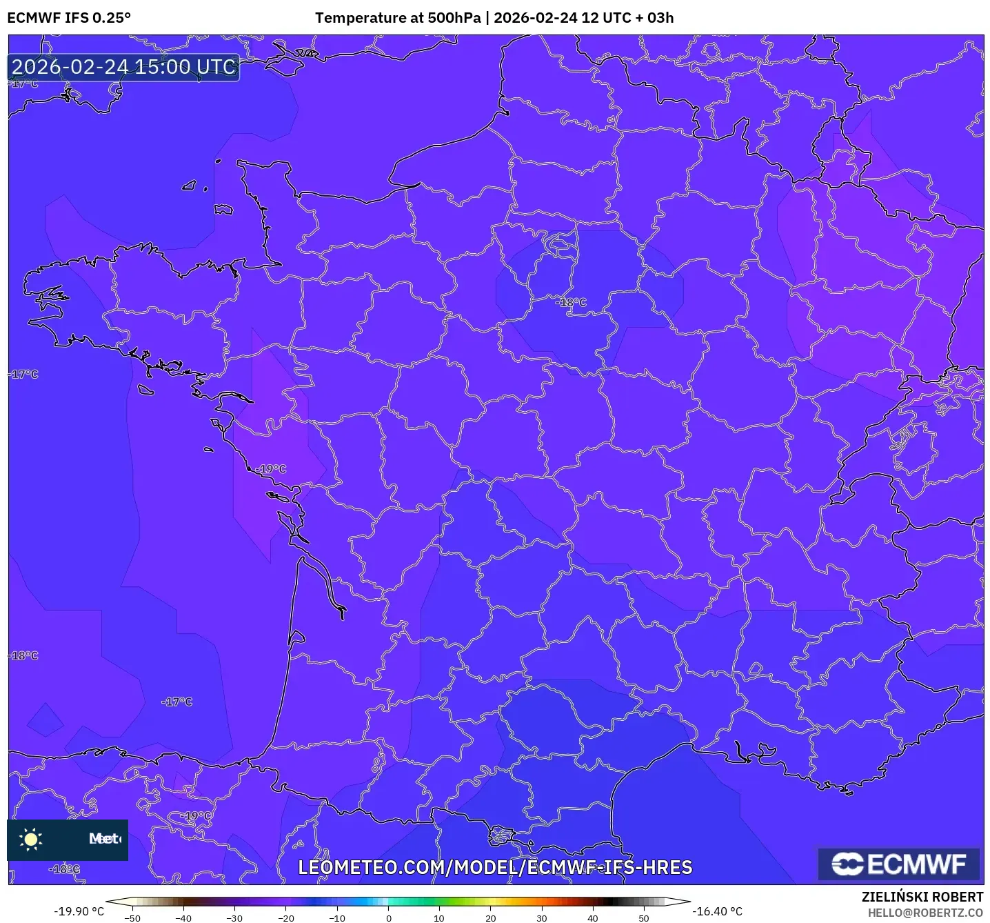 ECMWF IFS 0.25° model - France, Temperature at 500hPa