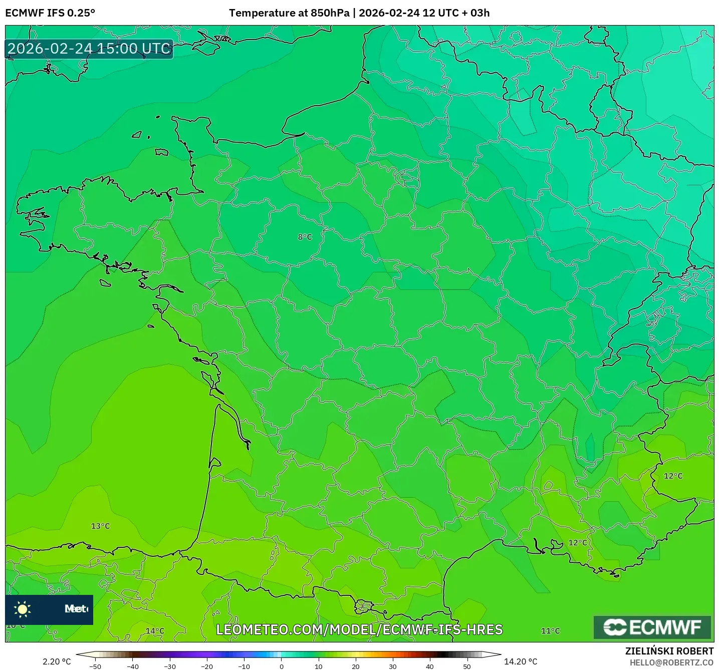 ECMWF IFS 0.25° model - France, Temperature at 850hPa
