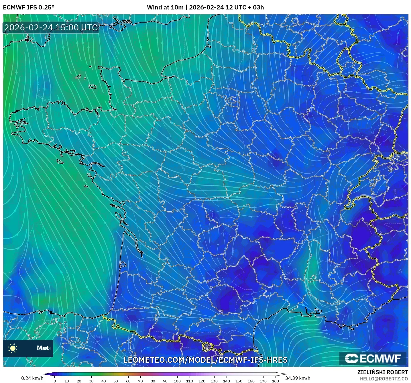 ECMWF IFS 0.25° model - France, Wind at 10m