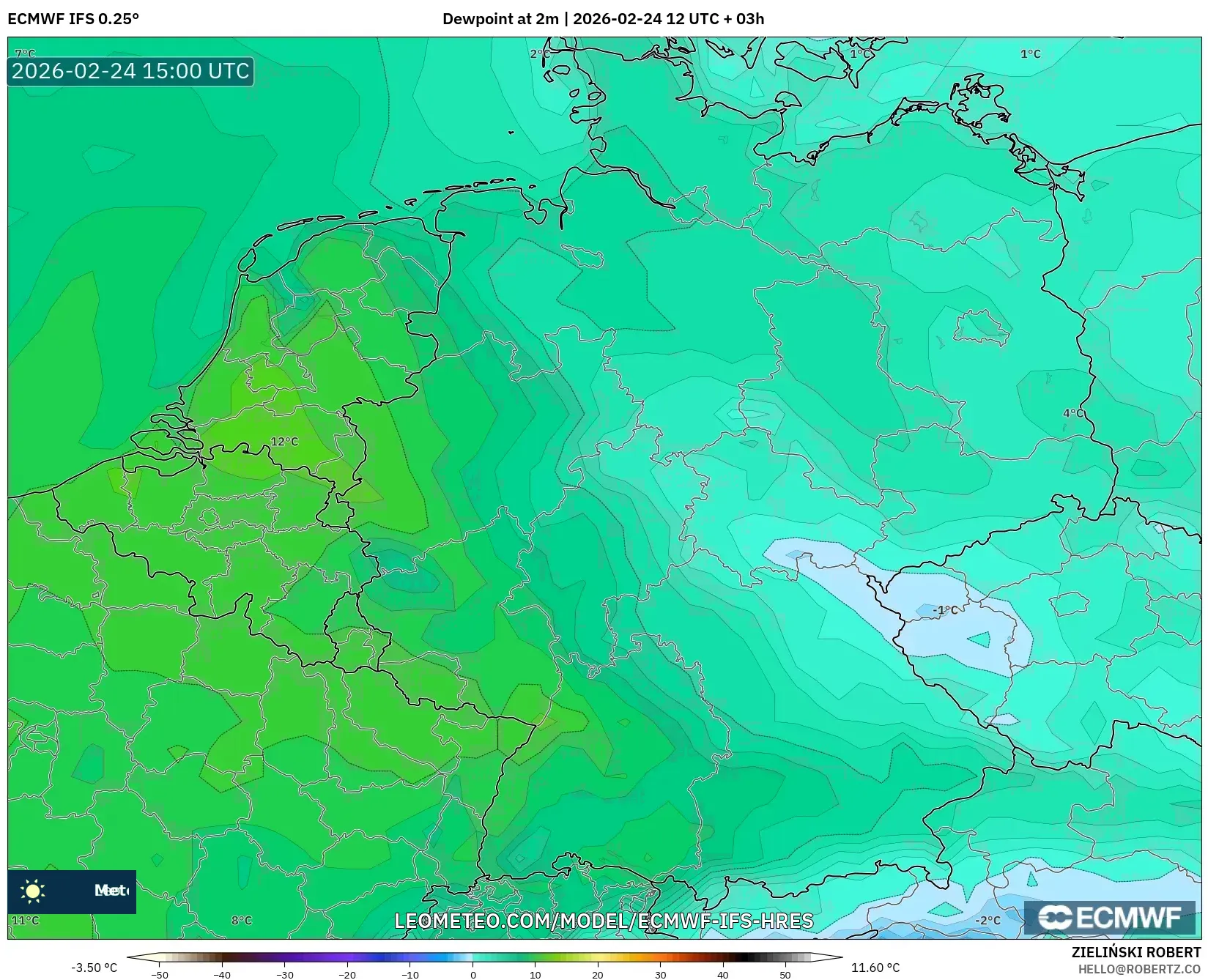 ECMWF IFS 0.25° model - Germany, Dewpoint at 2m