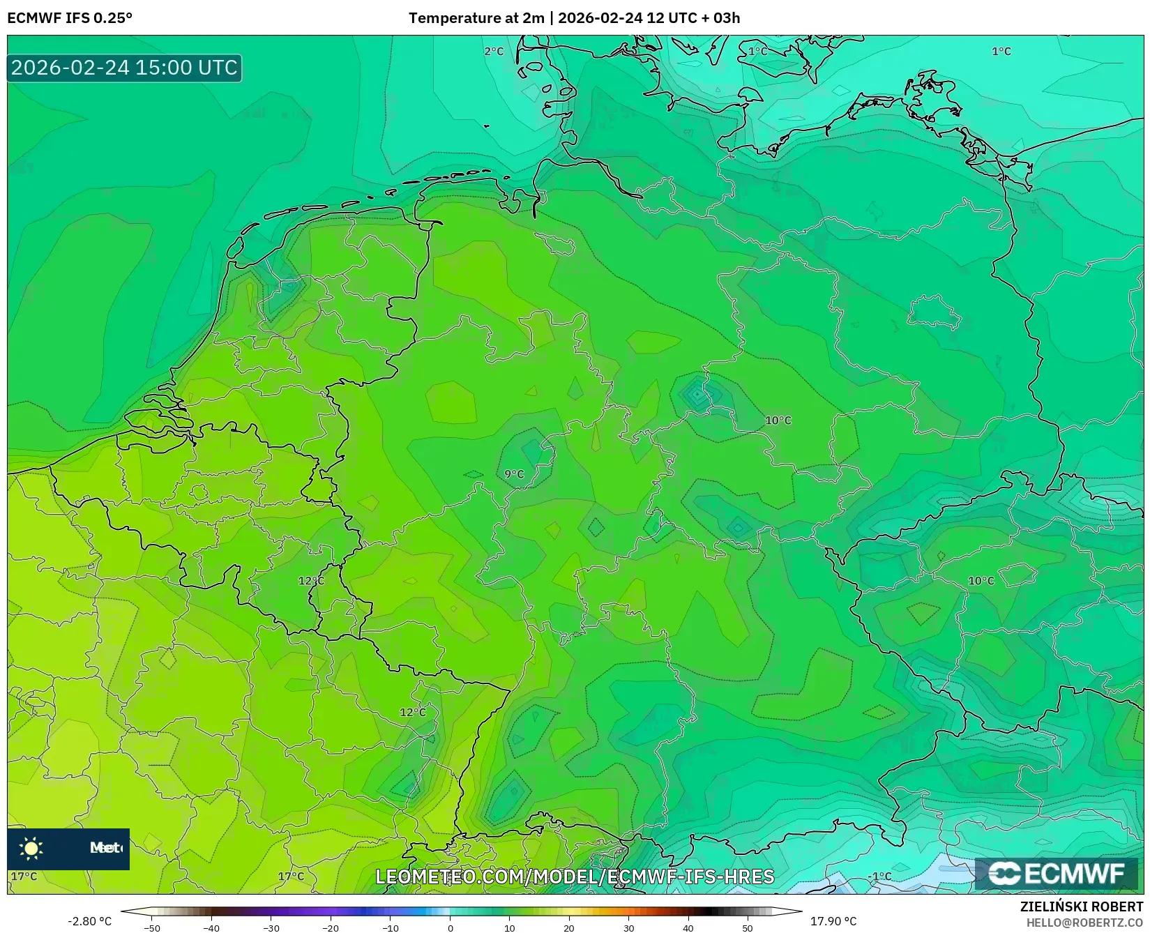 ECMWF IFS 0.25° model - Germany, Temperature at 2m