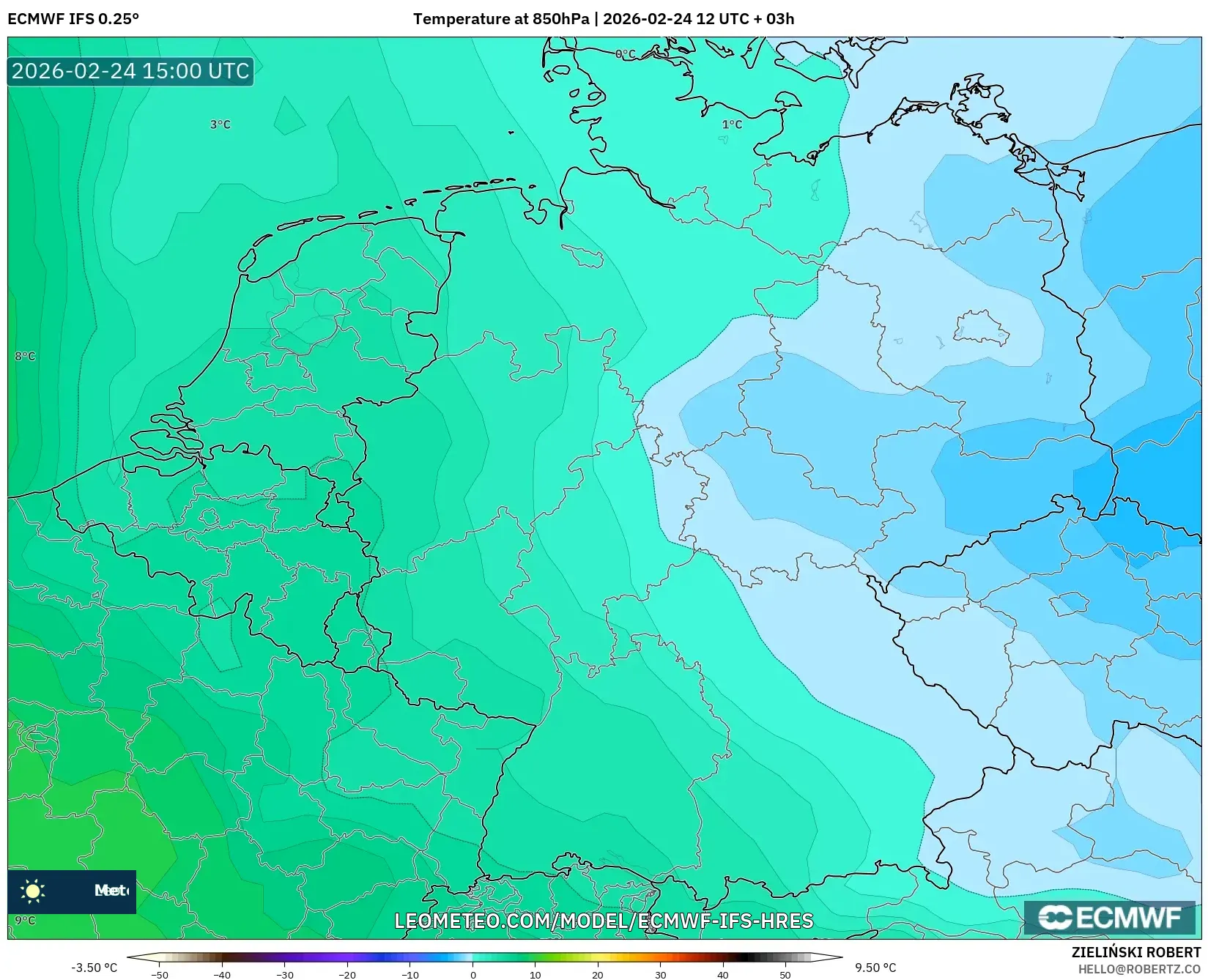 ECMWF IFS 0.25° model - Germany, Temperature at 850hPa