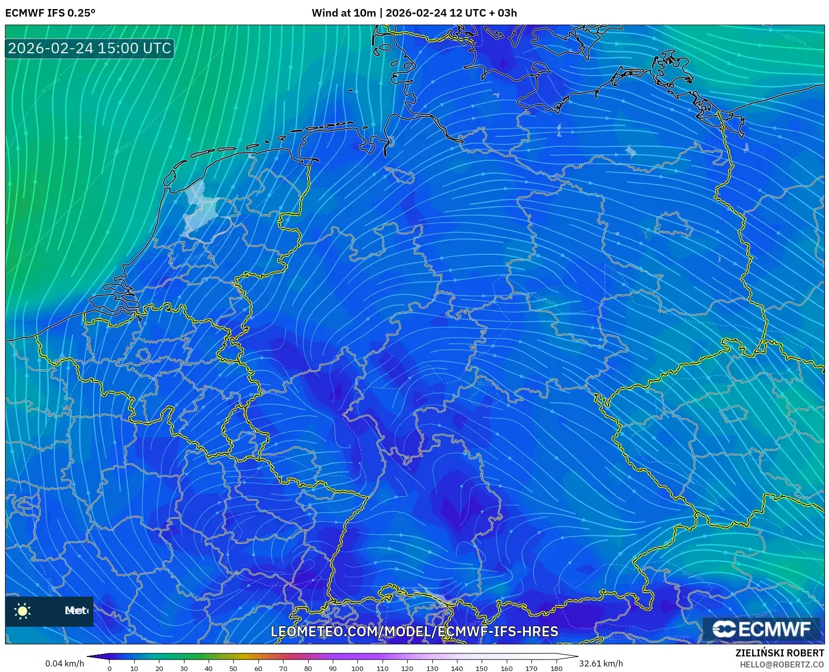 ECMWF IFS 0.25° model - Germany, Wind at 10m