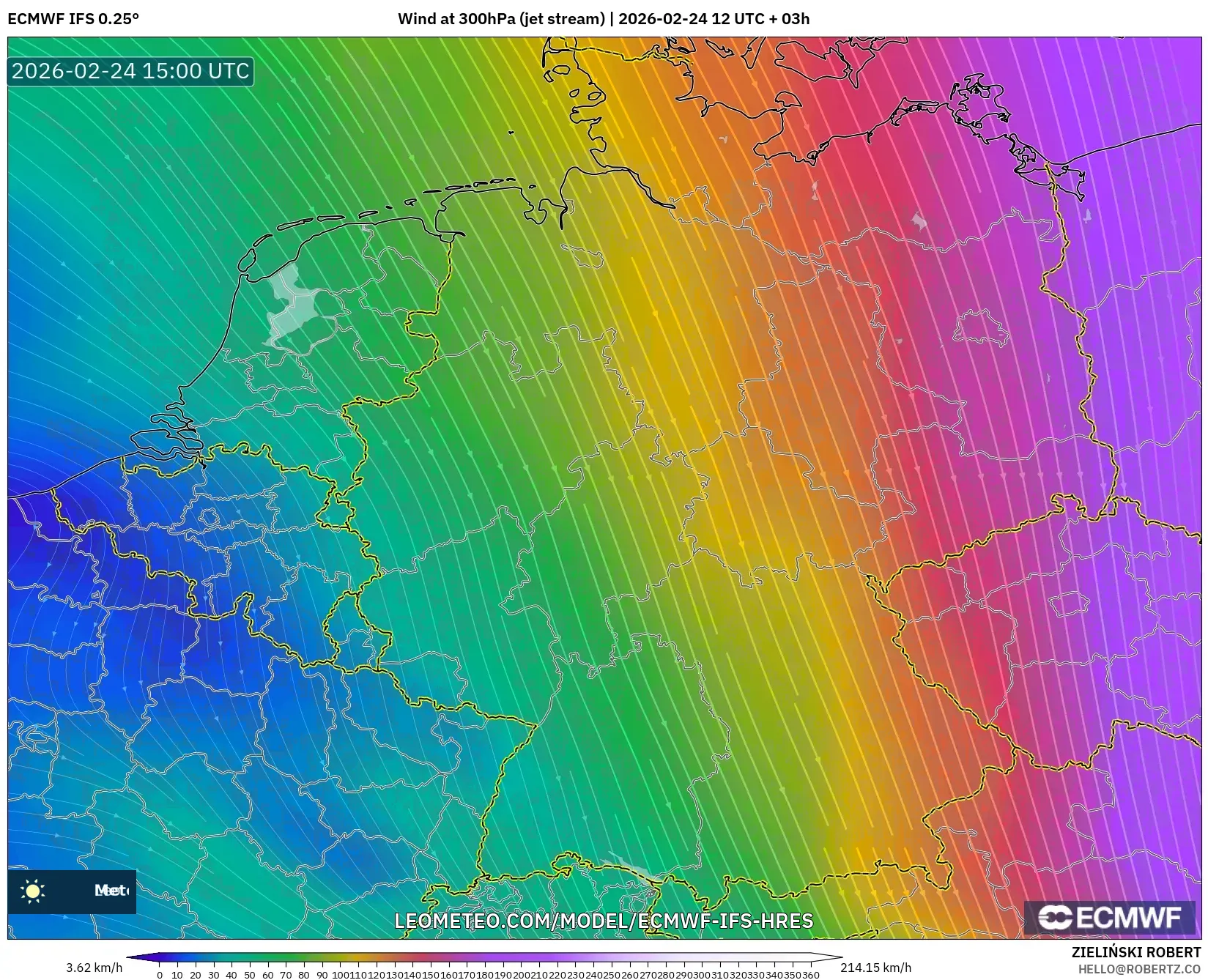 ECMWF IFS 0.25° model - Germany, Wind at 300hPa (jet stream)