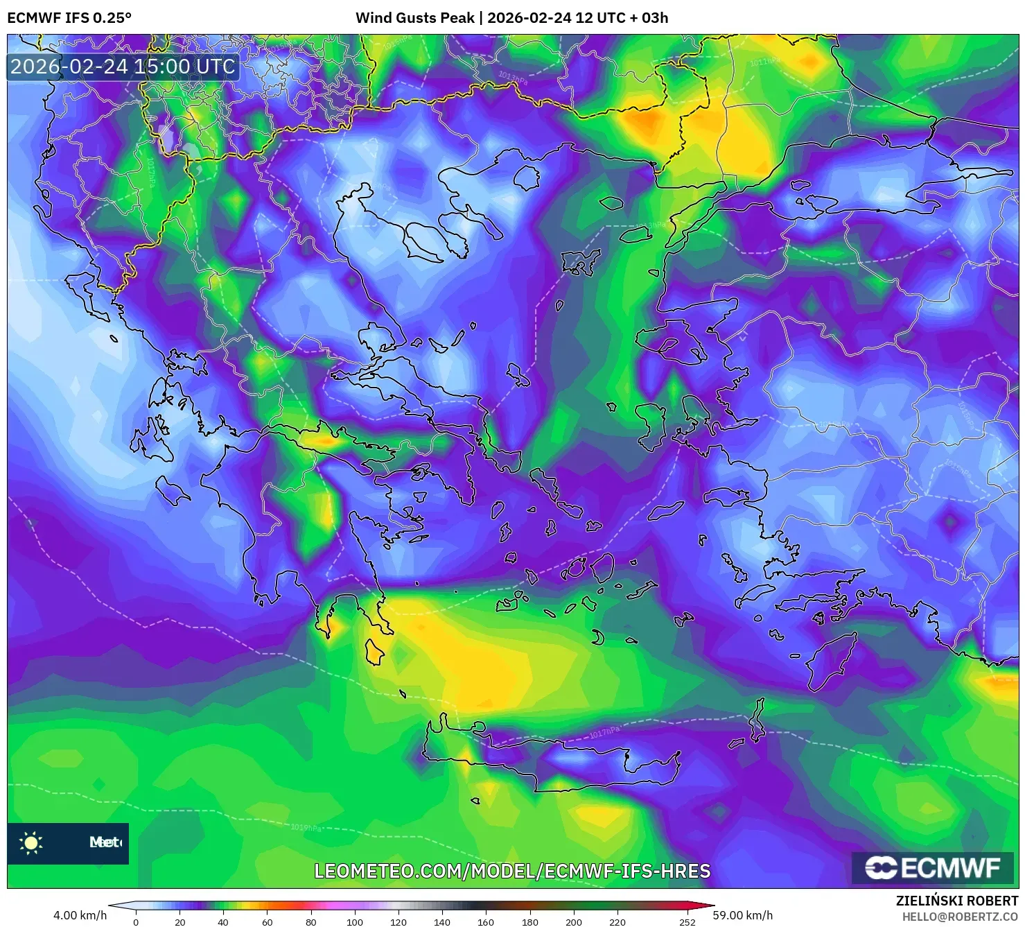 ECMWF IFS 0.25° model - Greece, Wind Gusts Peak