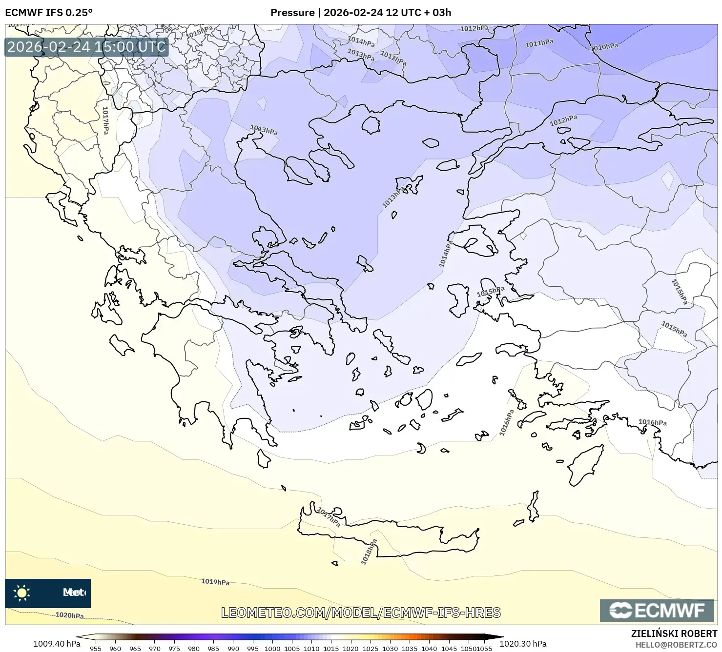 ECMWF IFS 0.25° model - Greece, Pressure