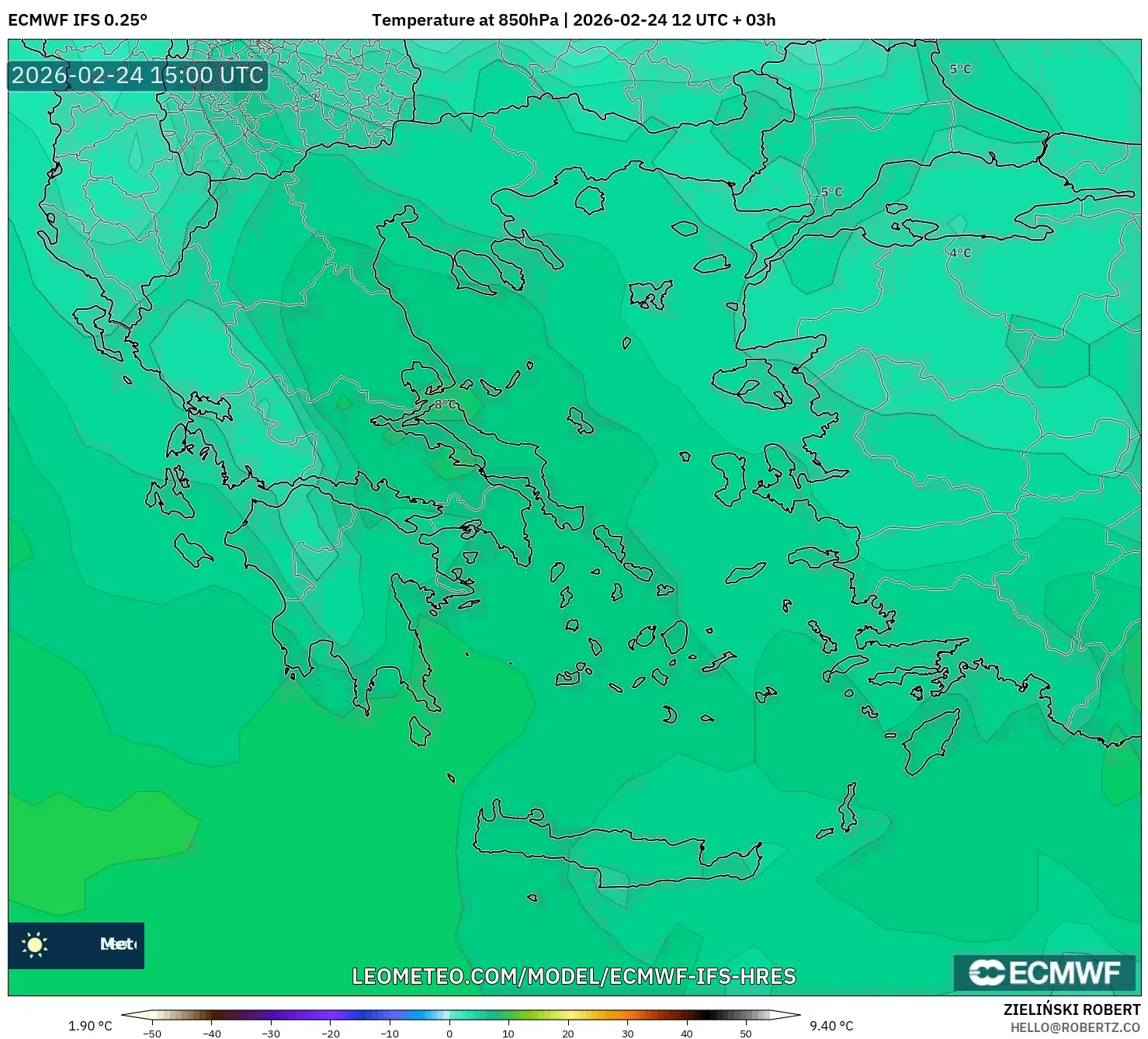 ECMWF IFS 0.25° model - Greece, Temperature at 850hPa