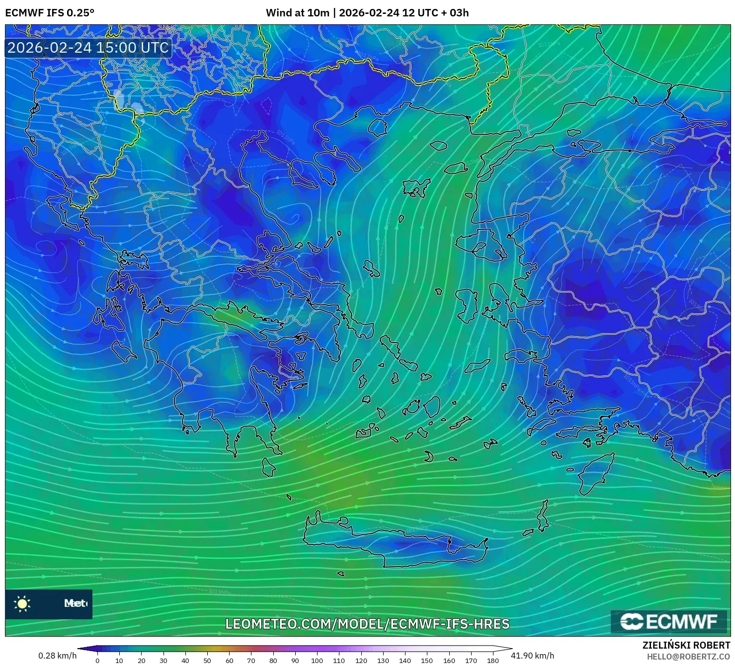 ECMWF IFS 0.25° model - Greece, Wind at 10m