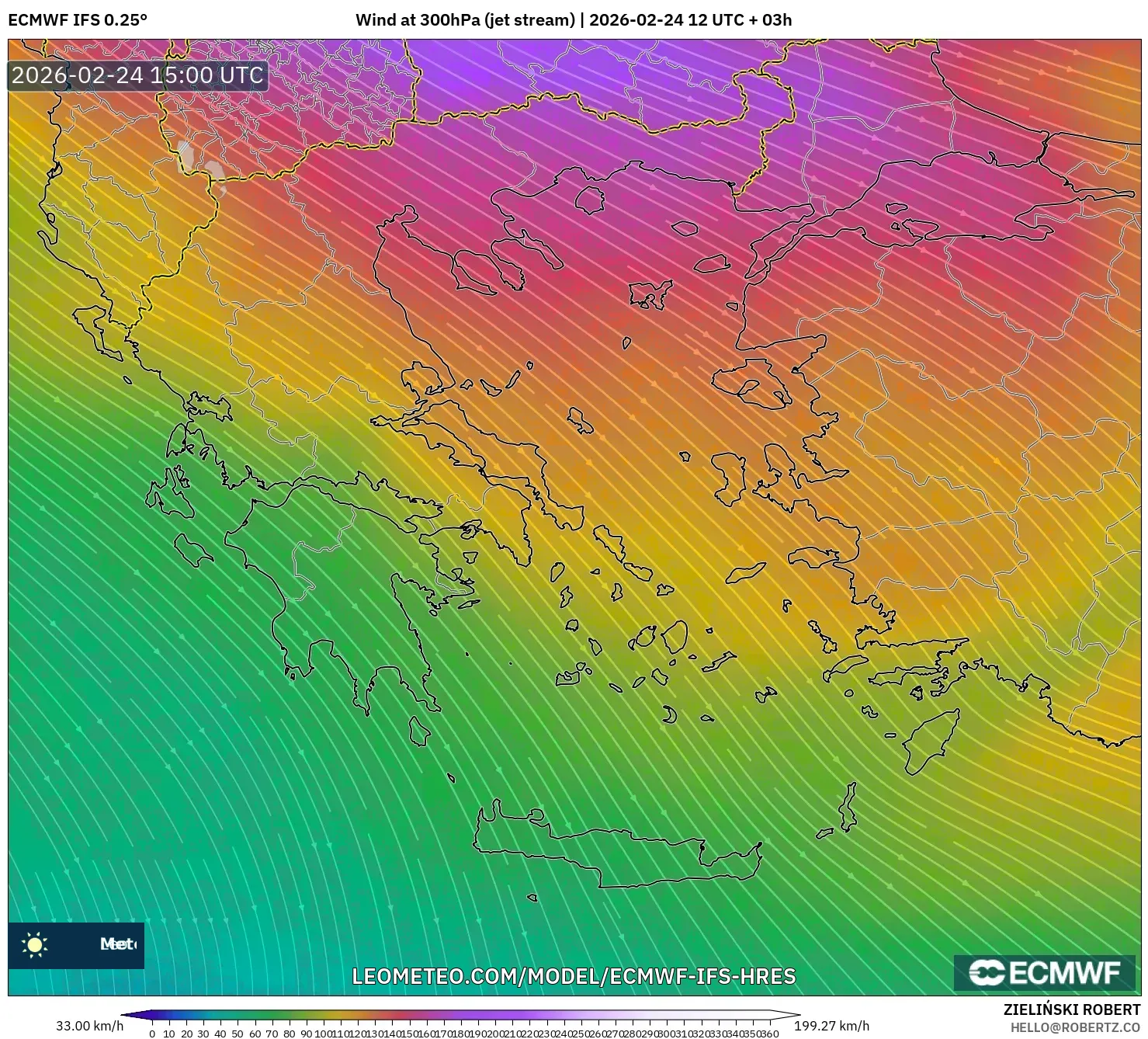 ECMWF IFS 0.25° model - Greece, Wind at 300hPa (jet stream)