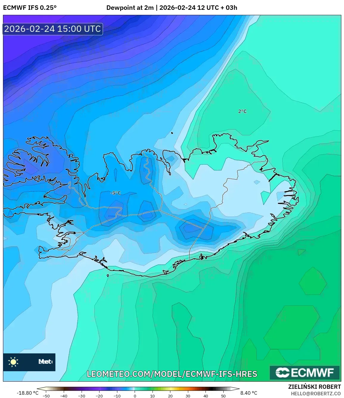ECMWF IFS 0.25° model - Iceland, Dewpoint at 2m