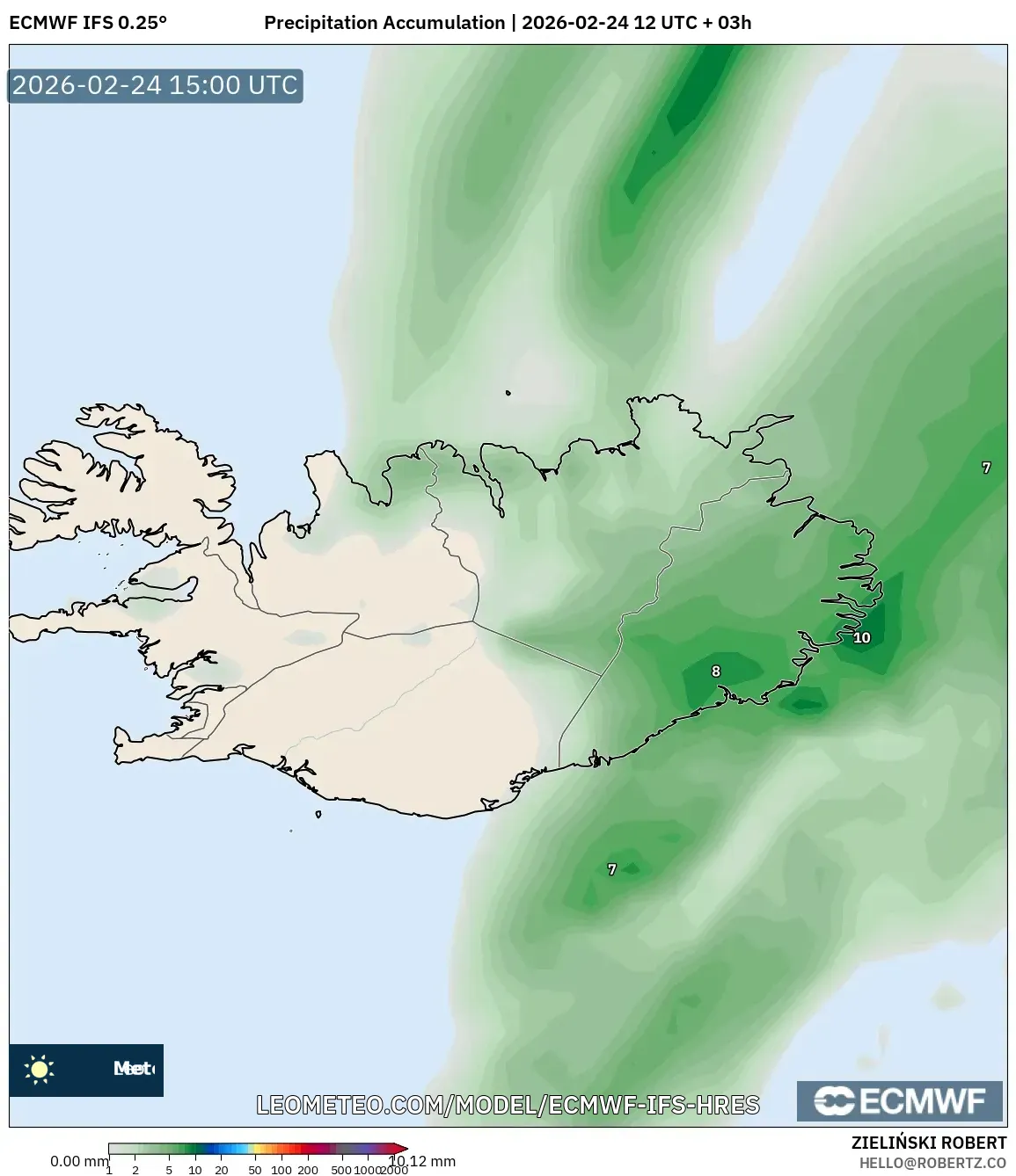 ECMWF IFS 0.25° model - Iceland, Precipitation Accumulation