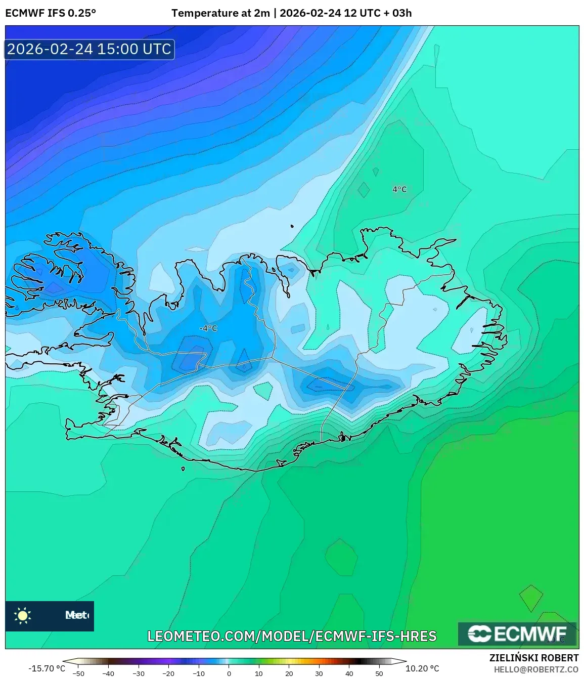 ECMWF IFS 0.25° model - Iceland, Temperature at 2m