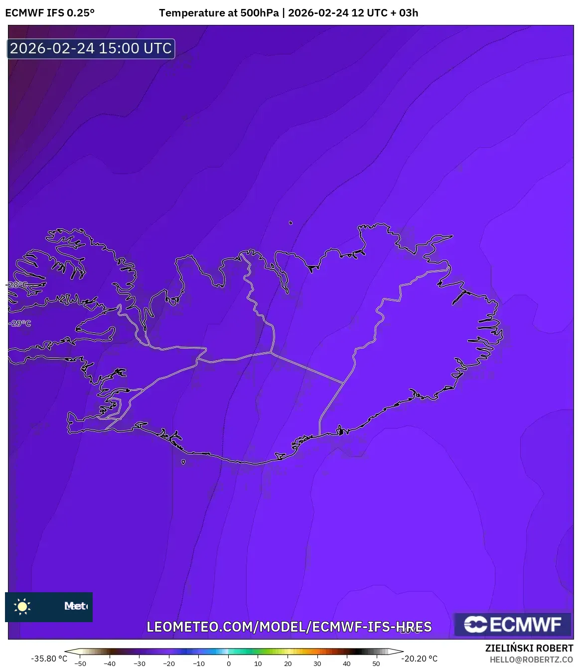 ECMWF IFS 0.25° model - Iceland, Temperature at 500hPa