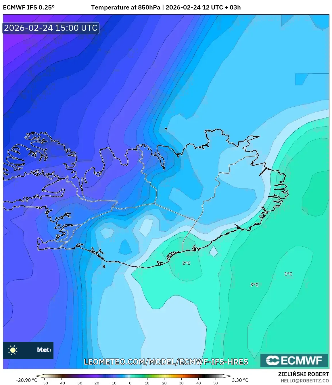 ECMWF IFS 0.25° model - Iceland, Temperature at 850hPa