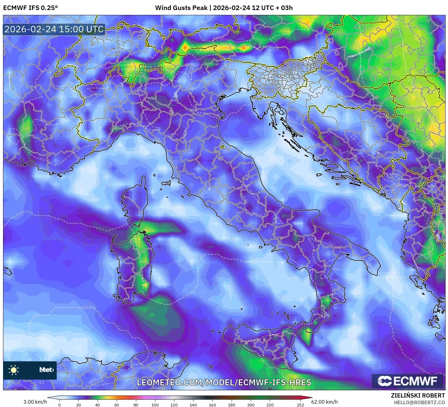 ECMWF IFS 0.25° model - Italy, Wind Gusts Peak
