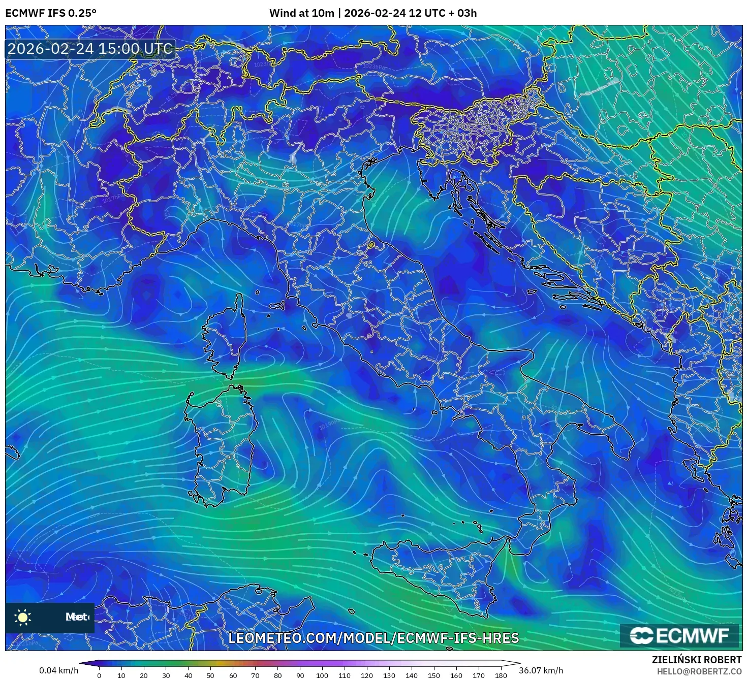 ECMWF IFS 0.25° model - Italy, Wind at 10m