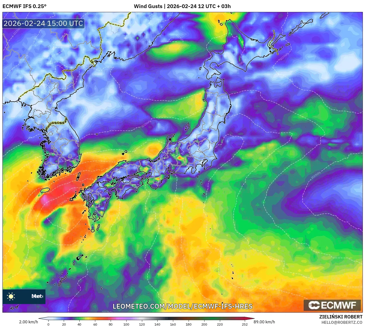 ECMWF IFS 0.25° model - Japan, Wind Gusts