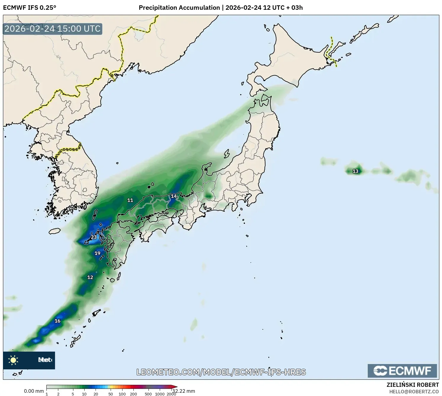 ECMWF IFS 0.25° model - Japan, Precipitation Accumulation