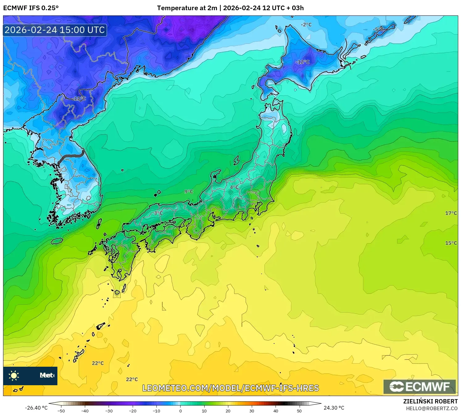 ECMWF IFS 0.25° model - Japan, Temperature at 2m