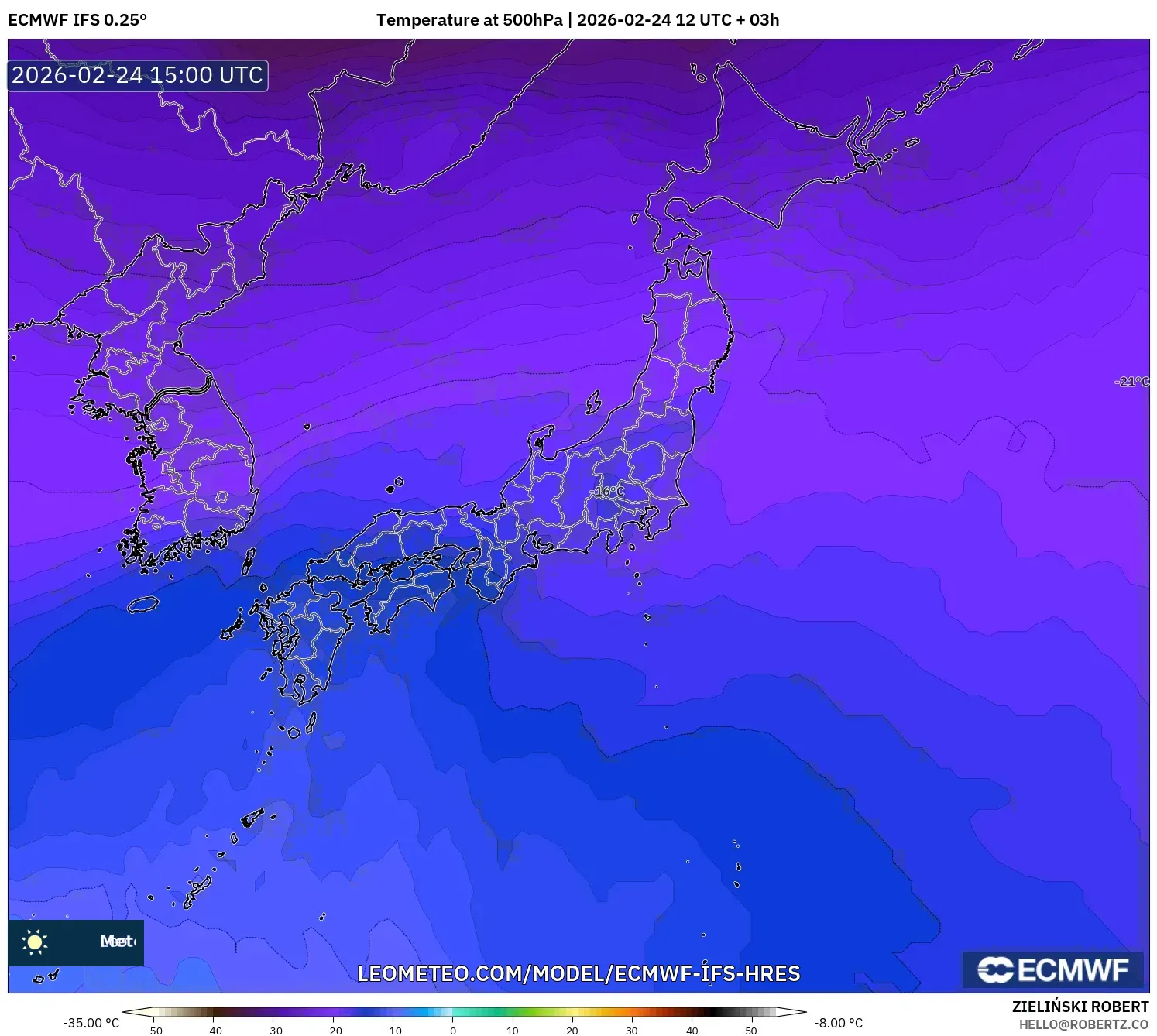 ECMWF IFS 0.25° model - Japan, Temperature at 500hPa