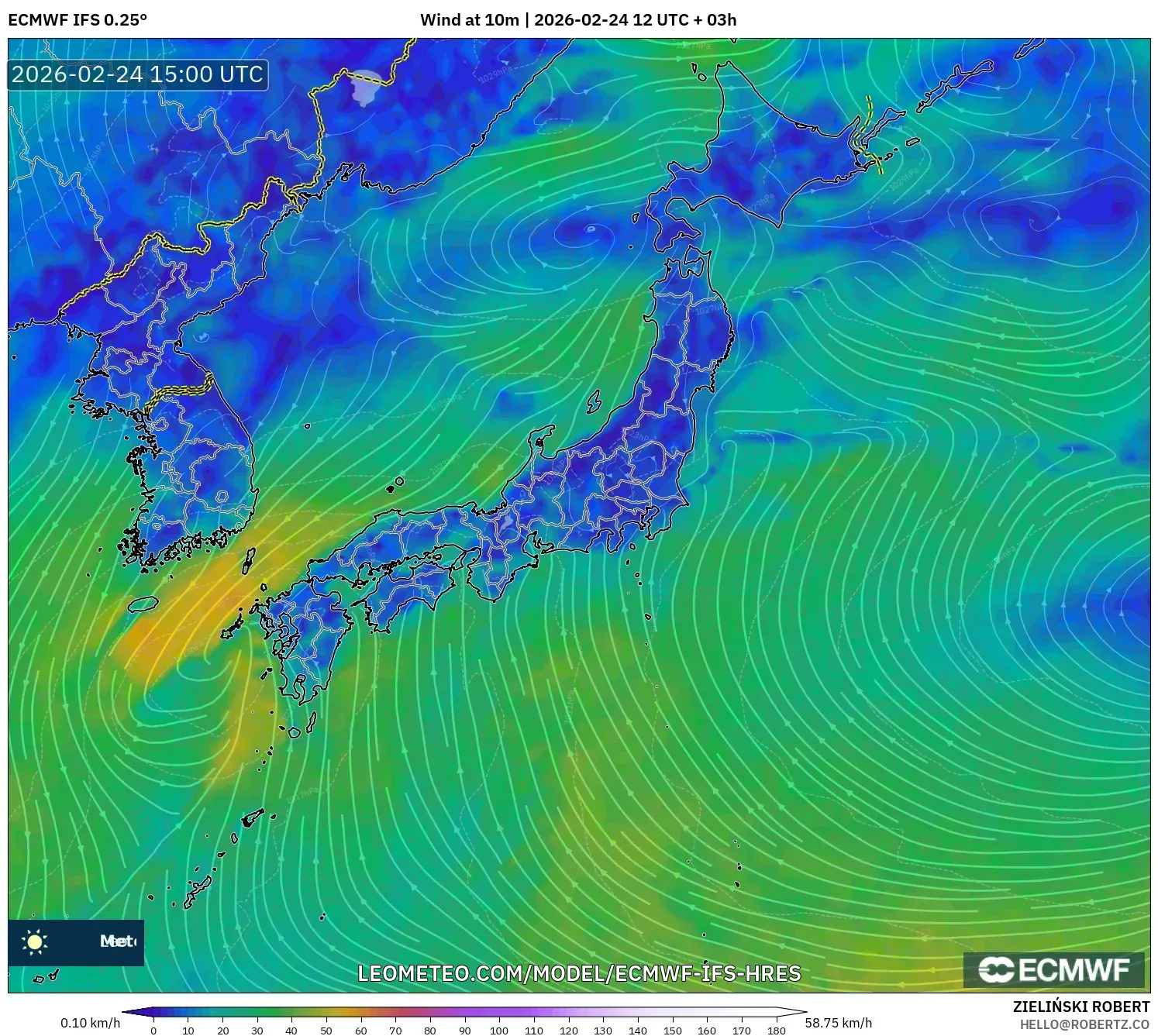 ECMWF IFS 0.25° model - Japan, Wind at 10m