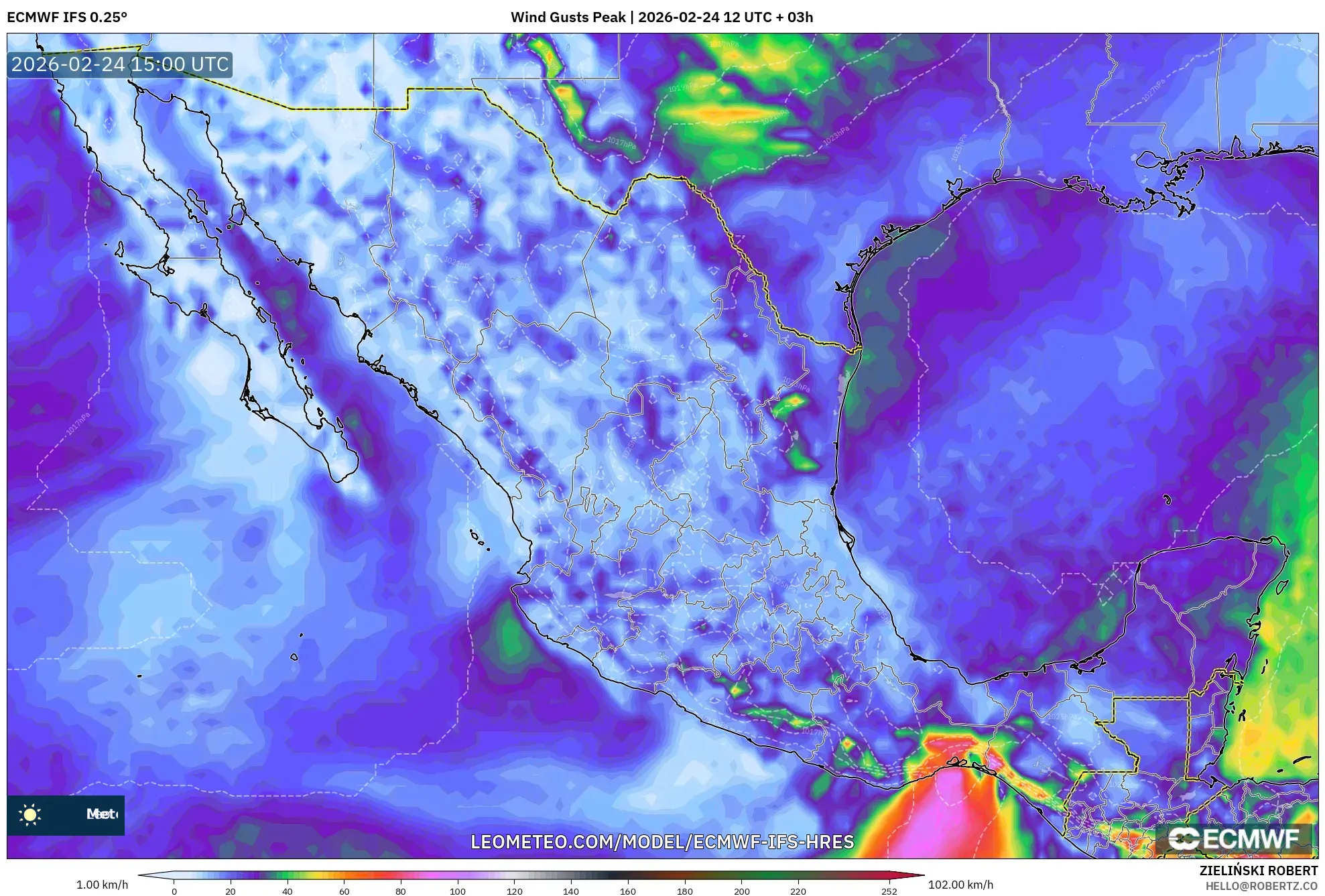 ECMWF IFS 0.25° model - Mexico, Wind Gusts Peak