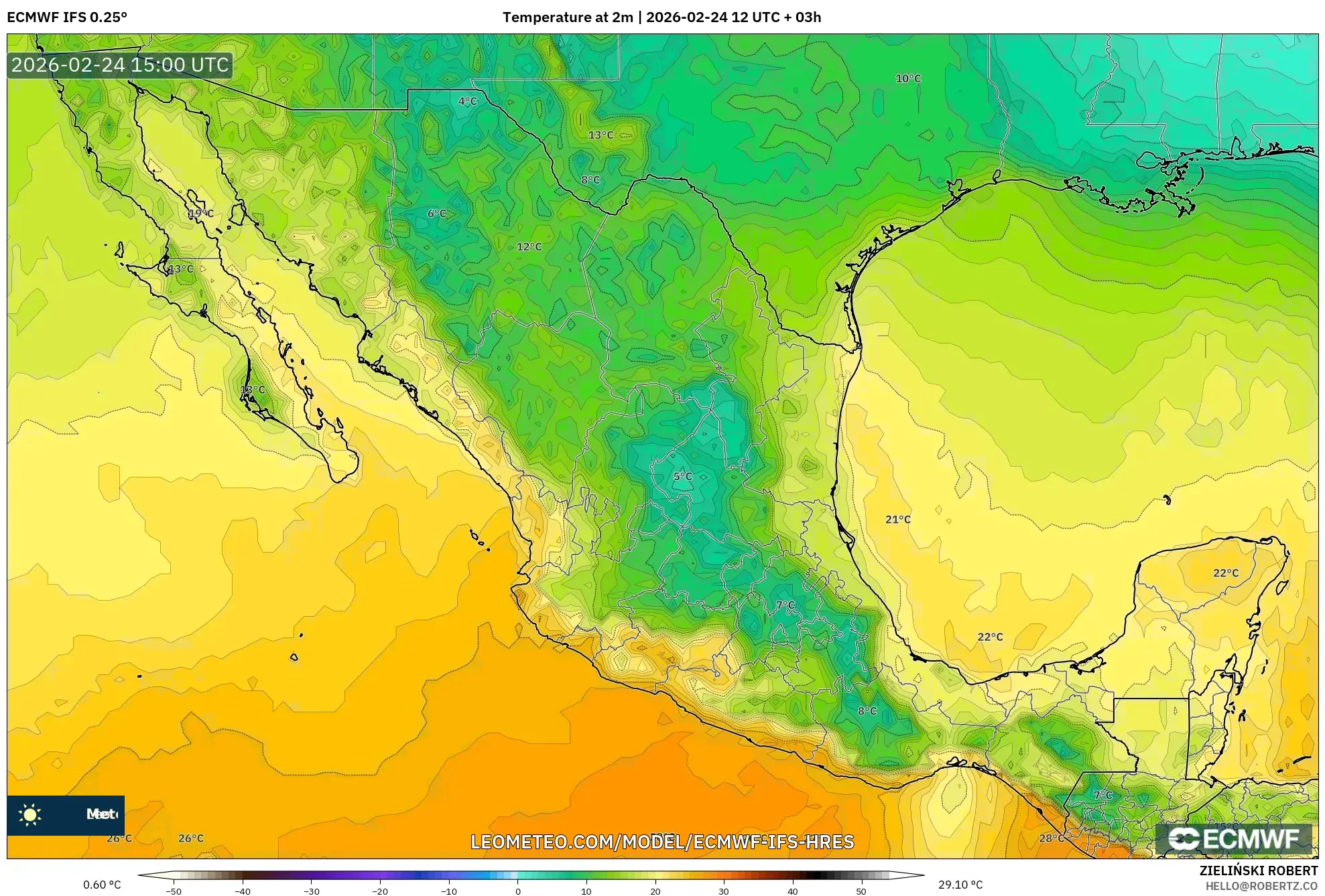 ECMWF IFS 0.25° model - Mexico, Temperature at 2m