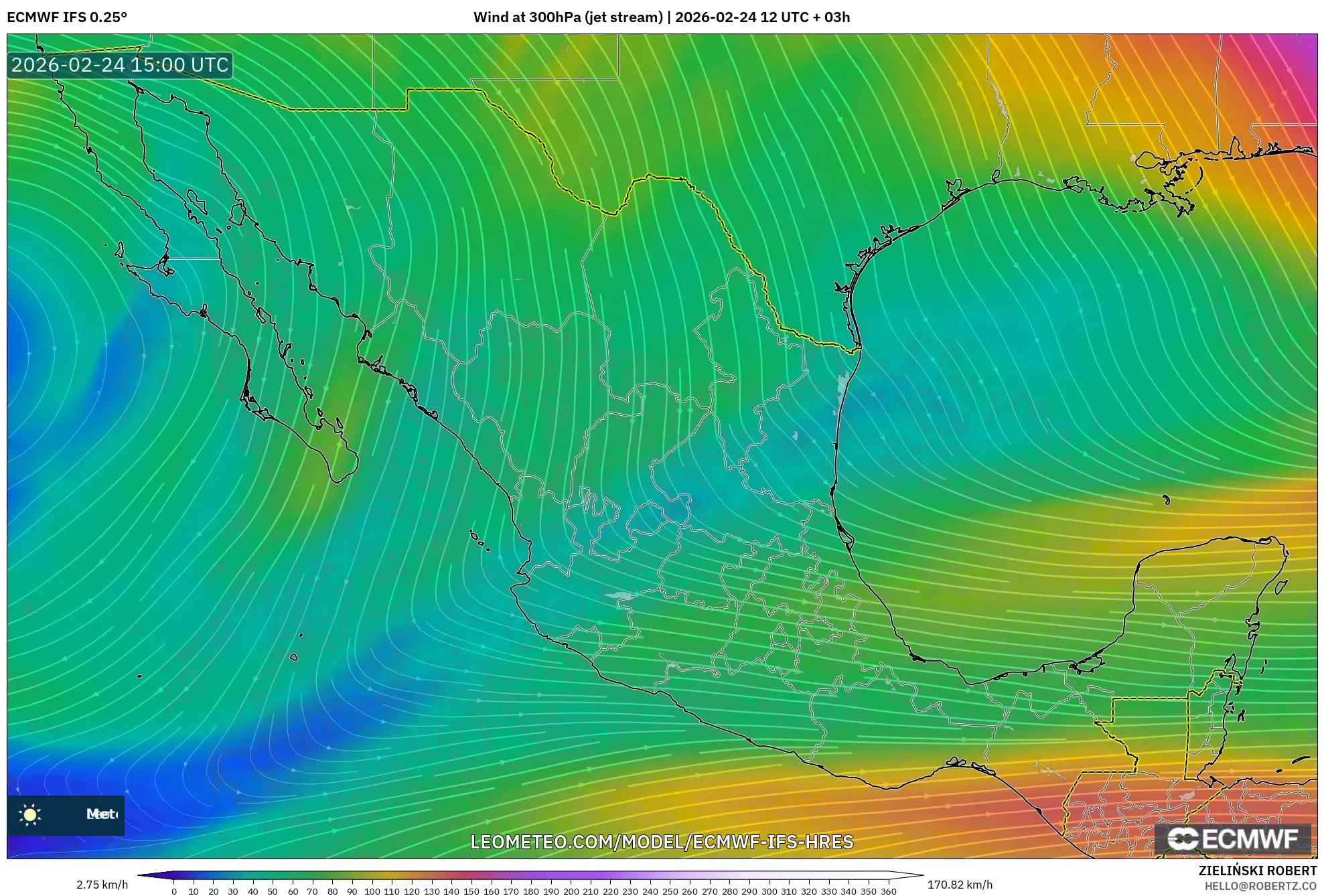 ECMWF IFS 0.25° model - Mexico, Wind at 300hPa (jet stream)