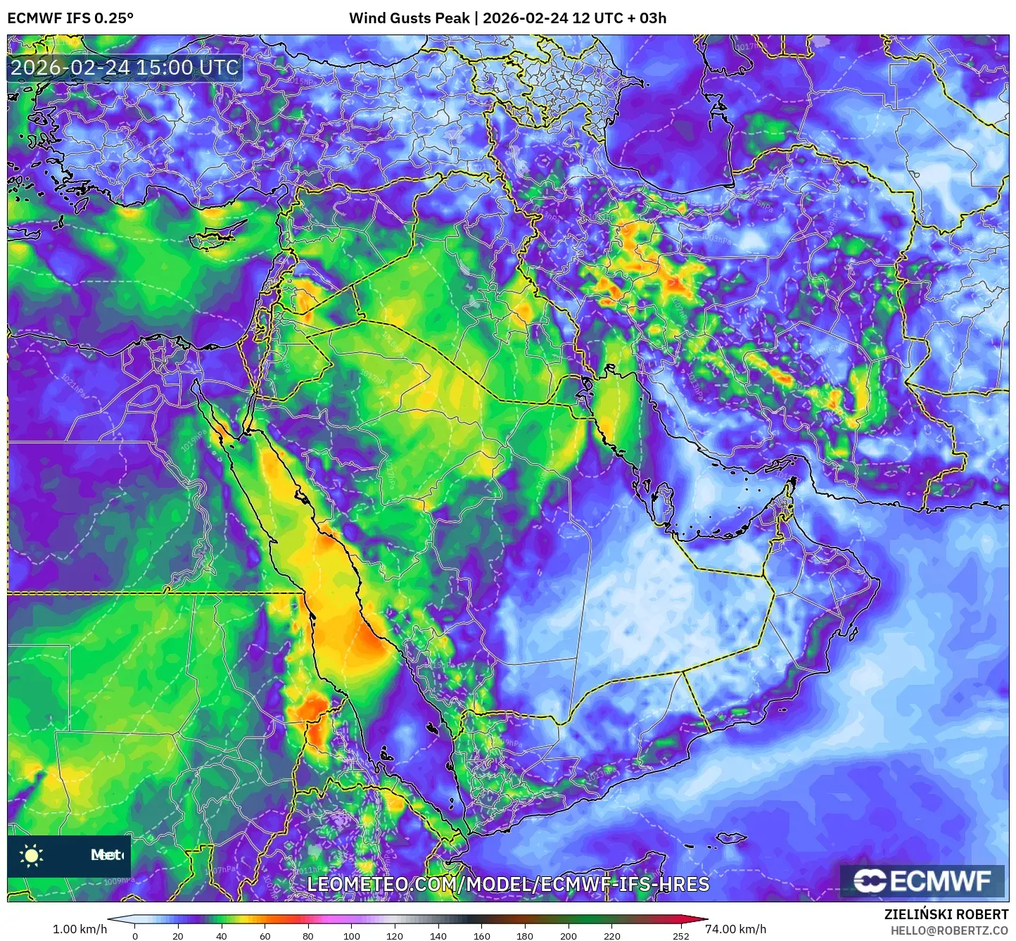 ECMWF IFS 0.25° model - Middle East, Wind Gusts Peak