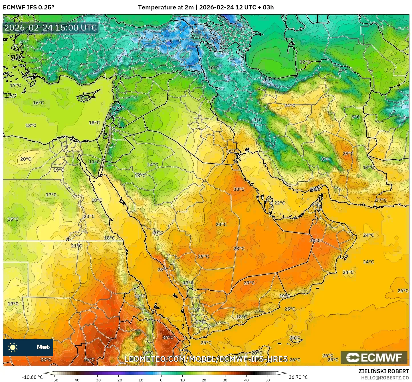 ECMWF IFS 0.25° model - Middle East, Temperature at 2m