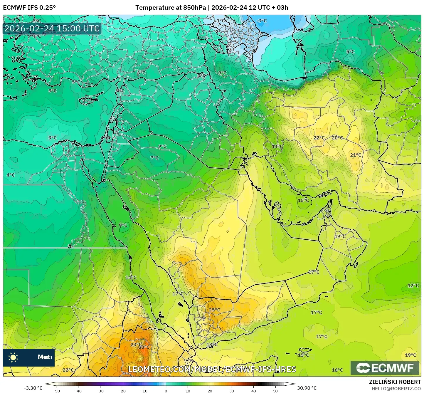 ECMWF IFS 0.25° model - Middle East, Temperature at 850hPa