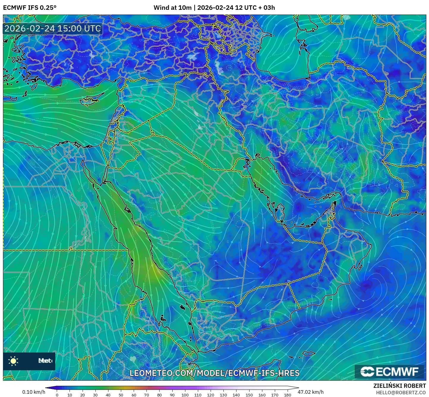 ECMWF IFS 0.25° model - Middle East, Wind at 10m