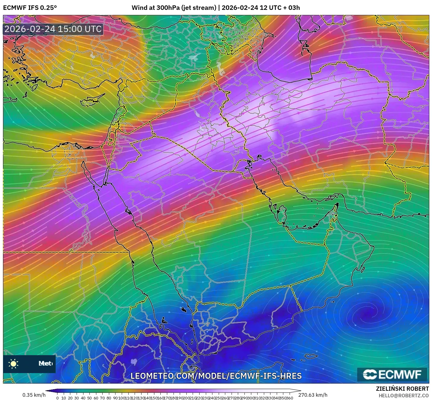 ECMWF IFS 0.25° model - Middle East, Wind at 300hPa (jet stream)