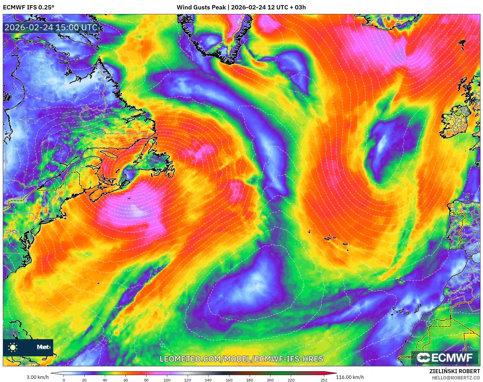 ECMWF IFS 0.25° model - North Atlantic, Wind Gusts Peak