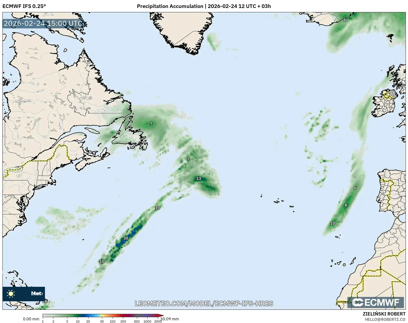 ECMWF IFS 0.25° model - North Atlantic, Precipitation Accumulation