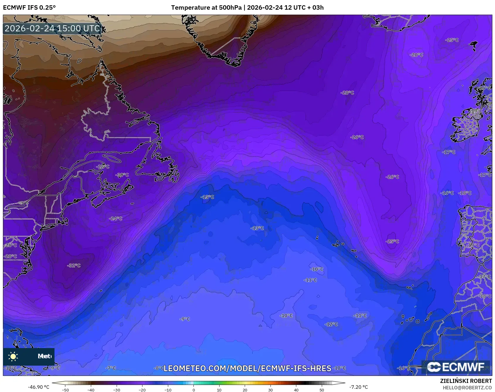 ECMWF IFS 0.25° model - North Atlantic, Temperature at 500hPa