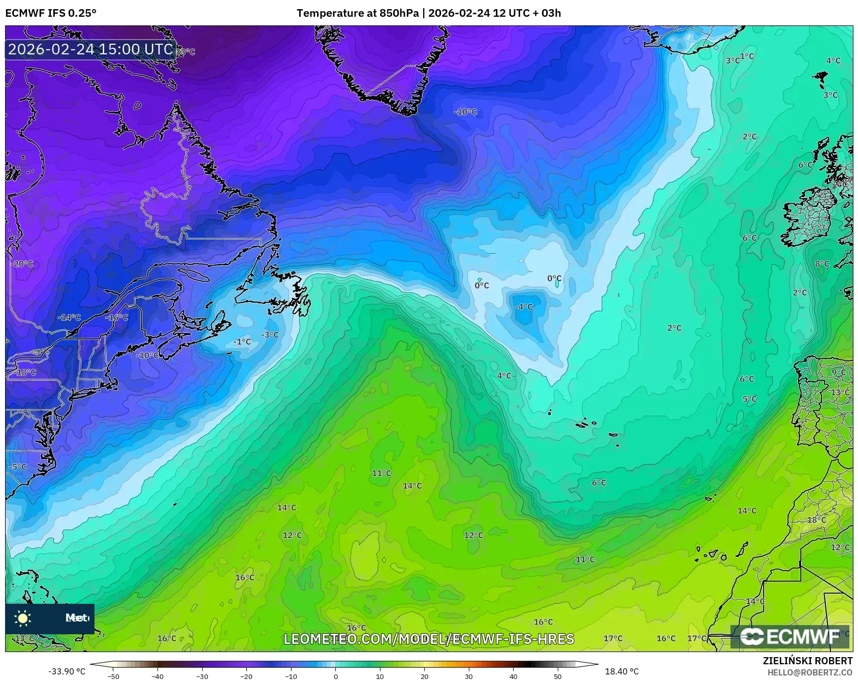 ECMWF IFS 0.25° model - North Atlantic, Temperature at 850hPa