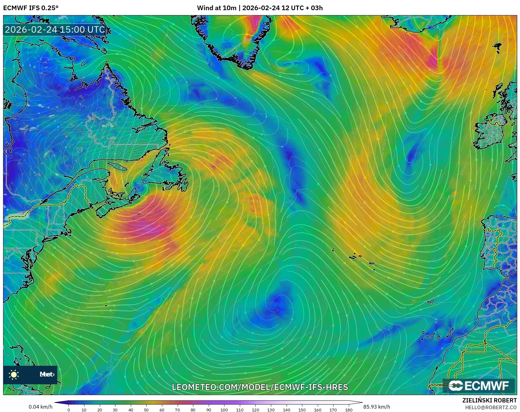 ECMWF IFS 0.25° model - North Atlantic, Wind at 10m