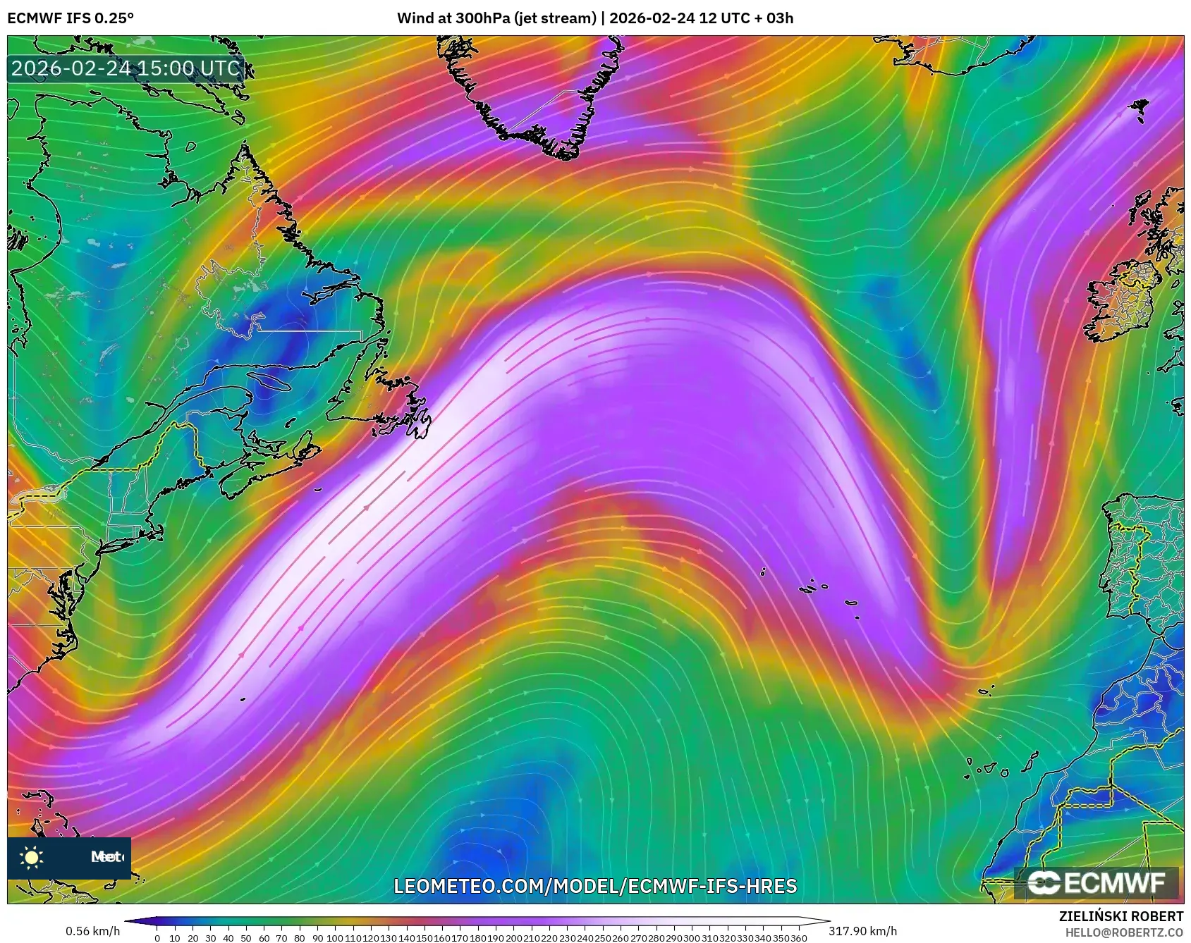 ECMWF IFS 0.25° model - North Atlantic, Wind at 300hPa (jet stream)