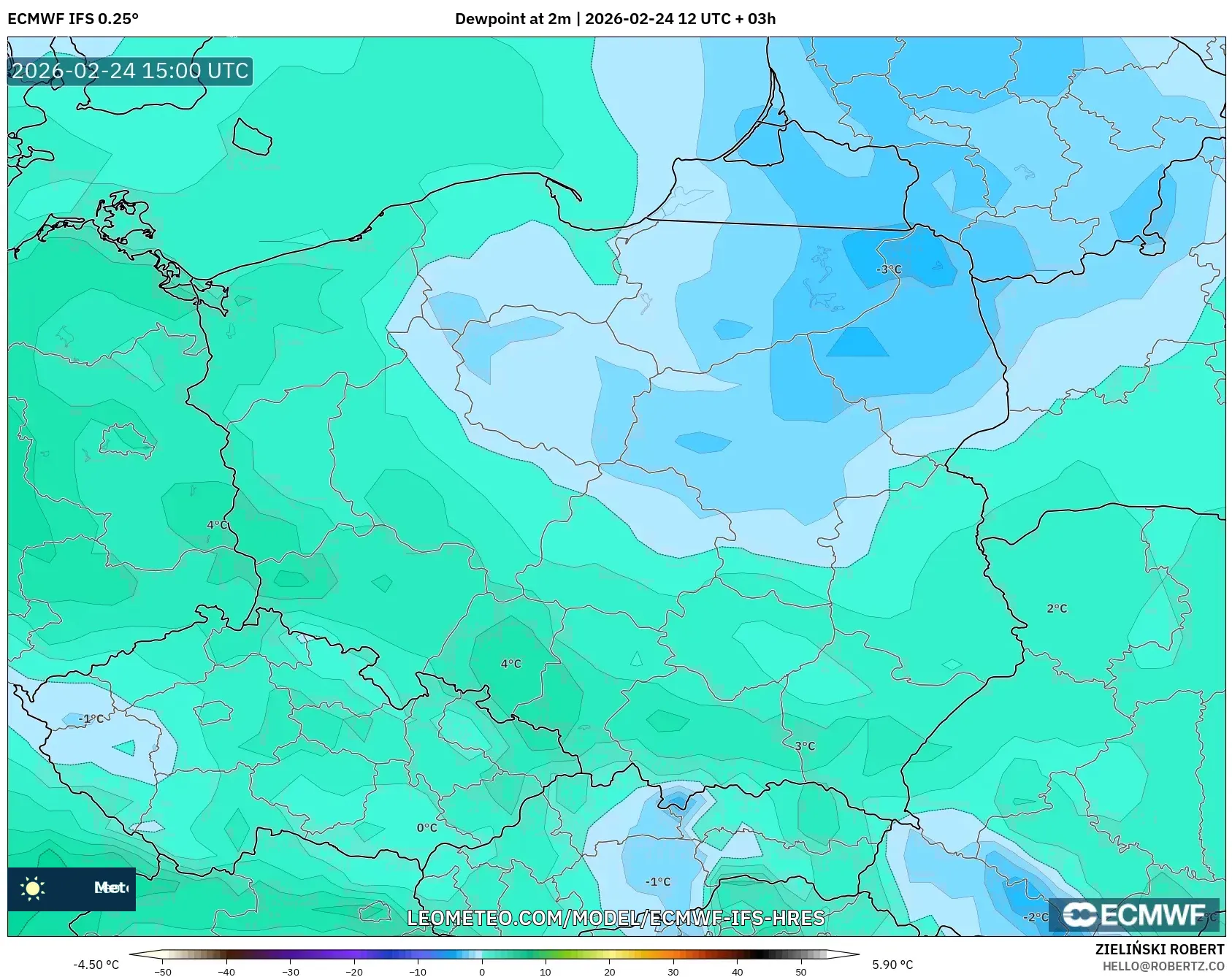 ECMWF IFS 0.25° model - Poland, Dewpoint at 2m
