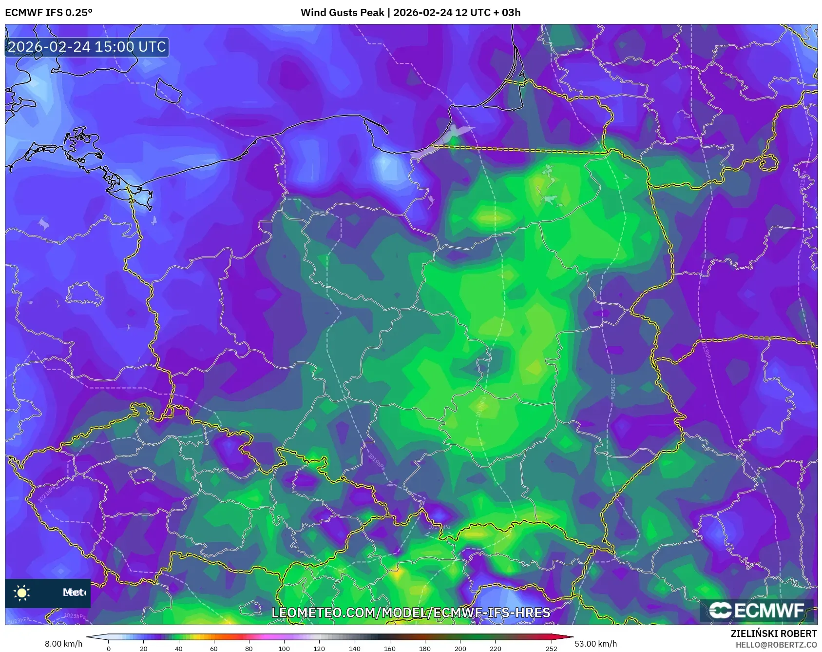 ECMWF IFS 0.25° model - Poland, Wind Gusts Peak