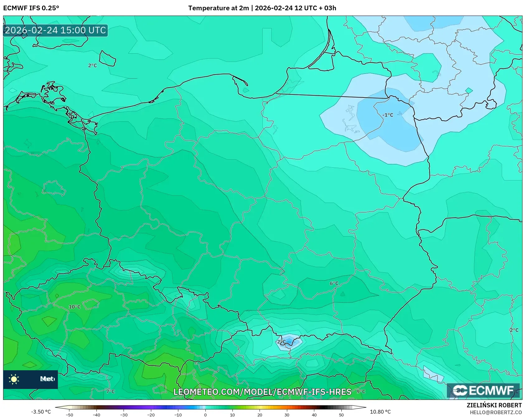 ECMWF IFS 0.25° model - Poland, Temperature at 2m