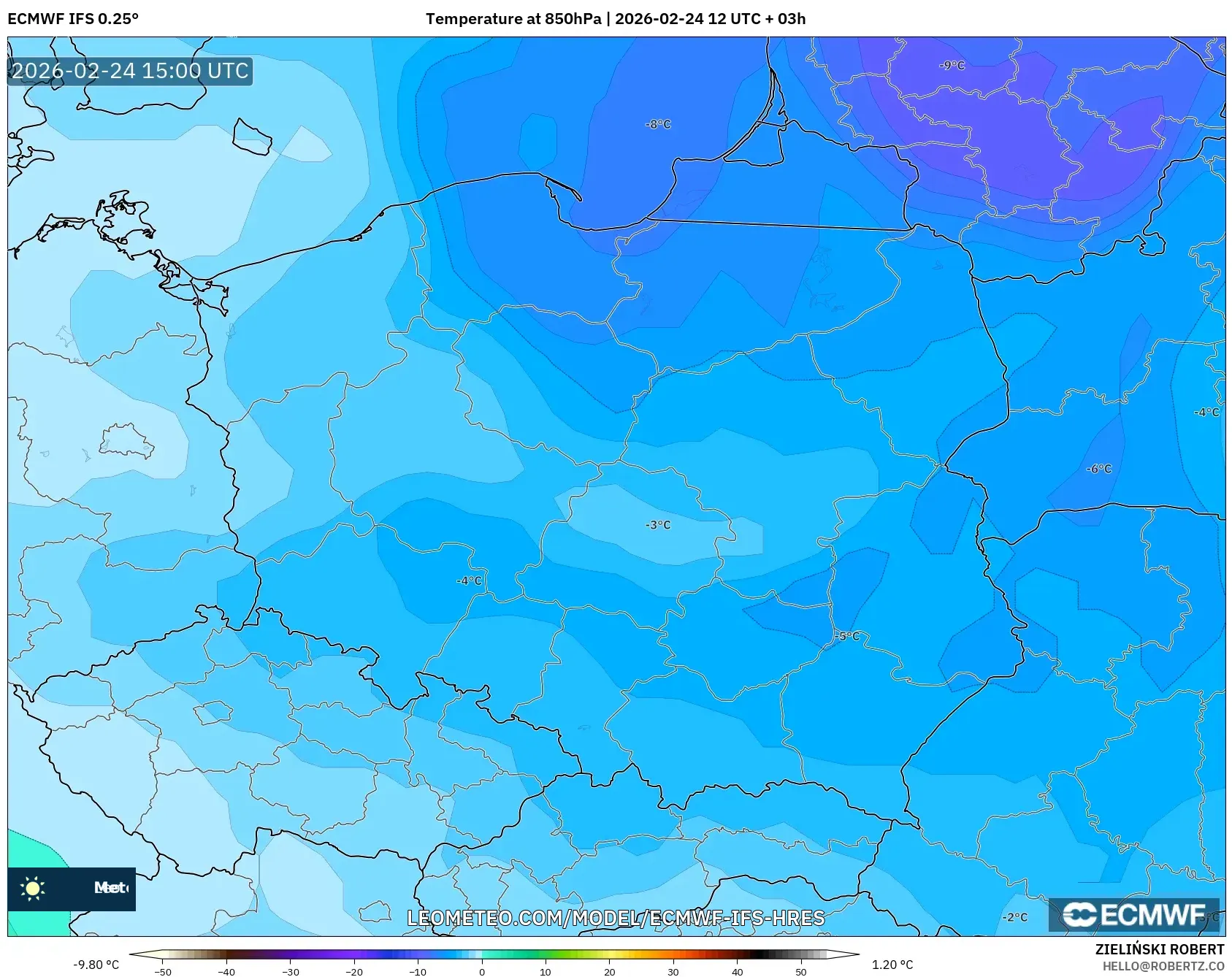 ECMWF IFS 0.25° model - Poland, Temperature at 850hPa