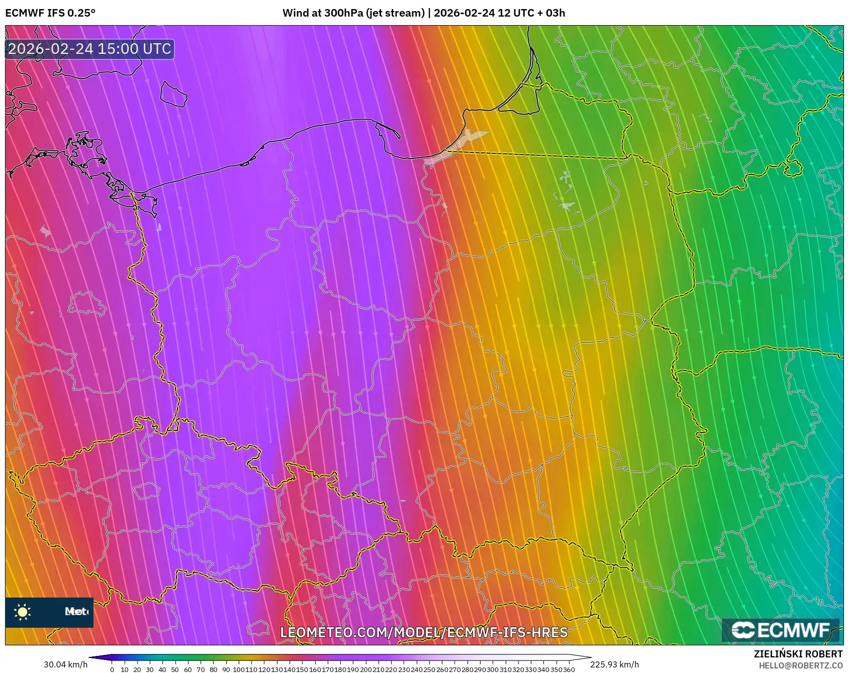 ECMWF IFS 0.25° model - Poland, Wind at 300hPa (jet stream)