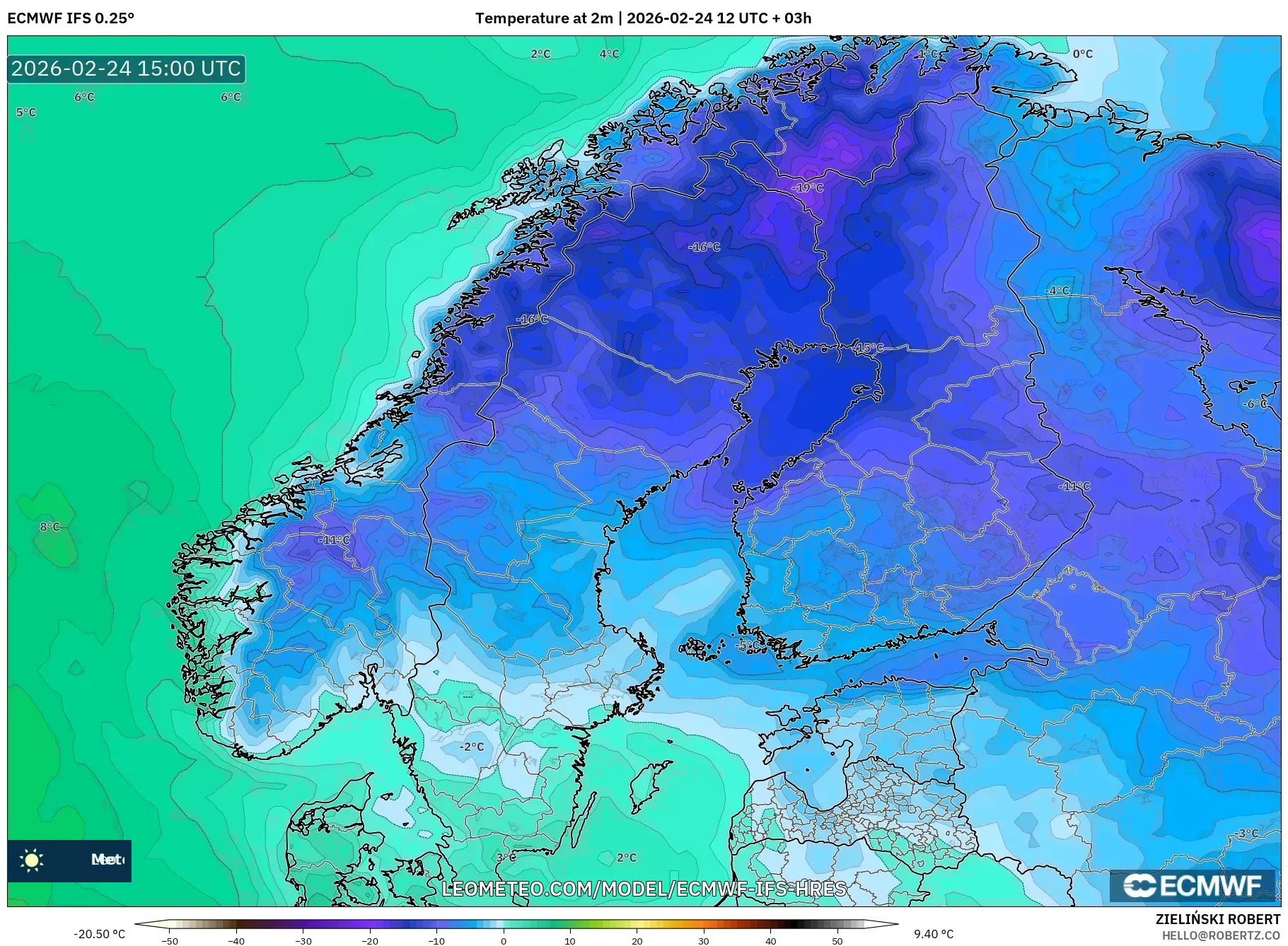 ECMWF IFS 0.25° model - Scandinavia, Temperature at 2m